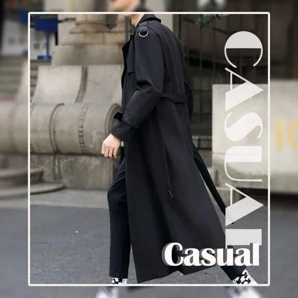 💫 Men Black Long Trench Coat Oversized Casual windbreaker Double Breasted Coat - Picture 3 of 7